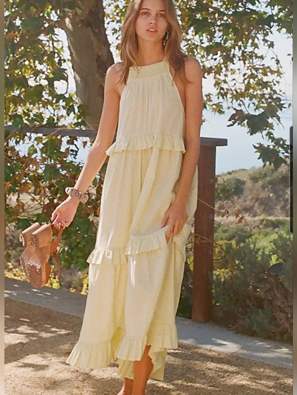 Free People Anita Midi Dress Light Yellow Halter Pockets Size Large